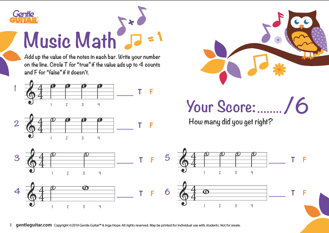 Music Math Worksheets - Free Music Activities for Children | Gentle Guitar™